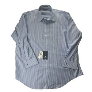 Nautica Men's Dress Shirt Blue Stripe 18‎ 34/35 XL Premium Non-Iron NWT